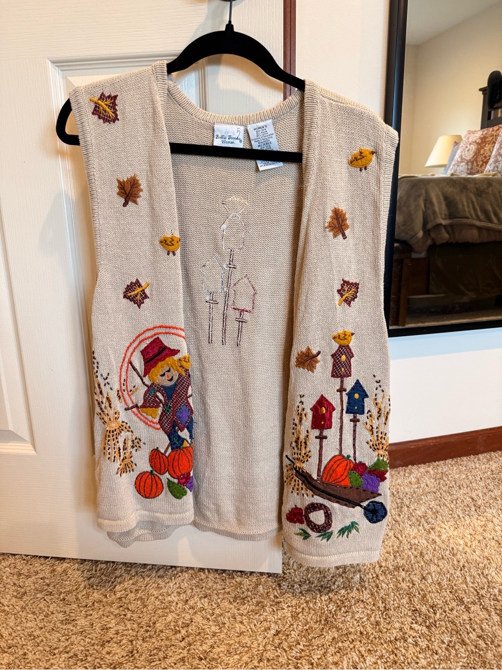Bobbie Brooks Beige Embroidered Fall Vest with Orange Accents